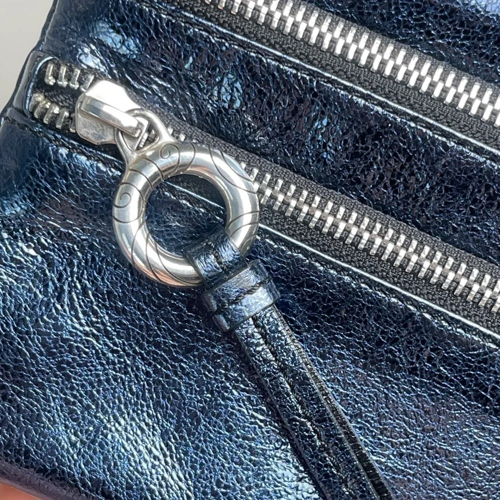 Brighton | Blue Metallic Triple Zipper Wristlet Pouch
